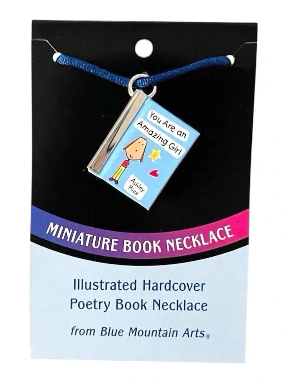 Miniature poetry book necklace.  “You are an amazing girl”.